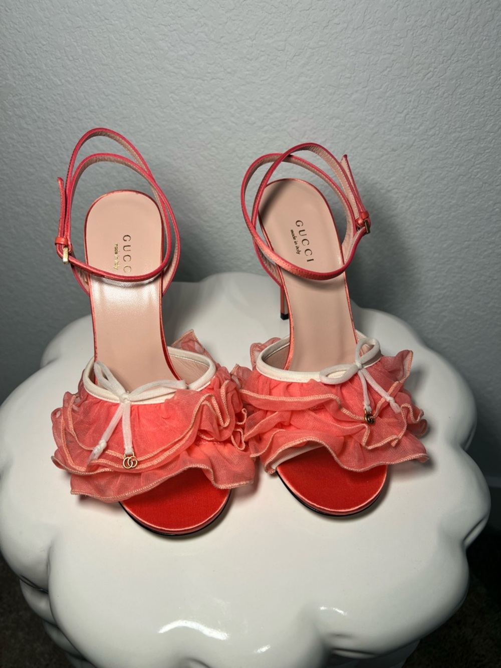 Gucci Coral Tulle Ruffle Slingback sandals